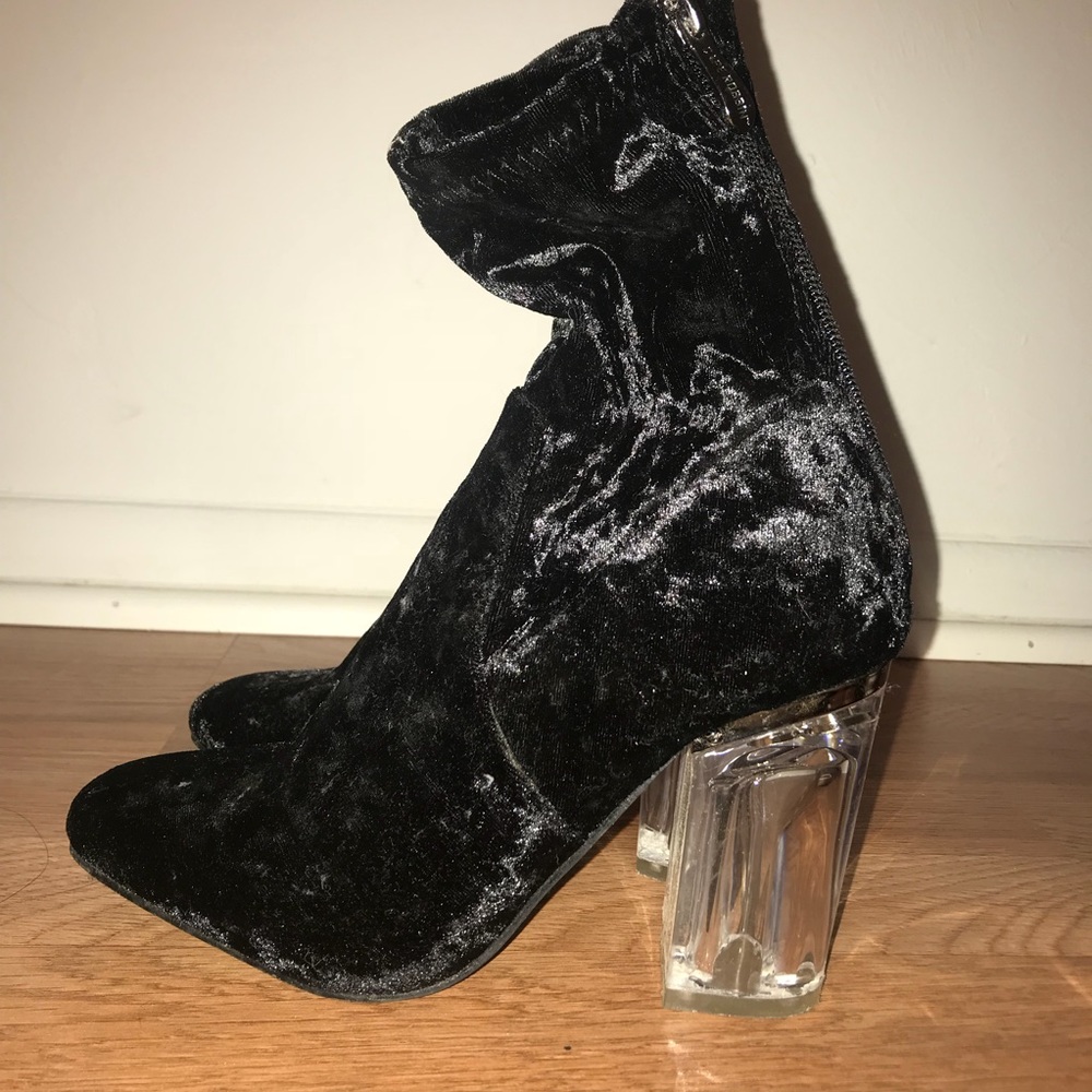Black velvet clear heel boots